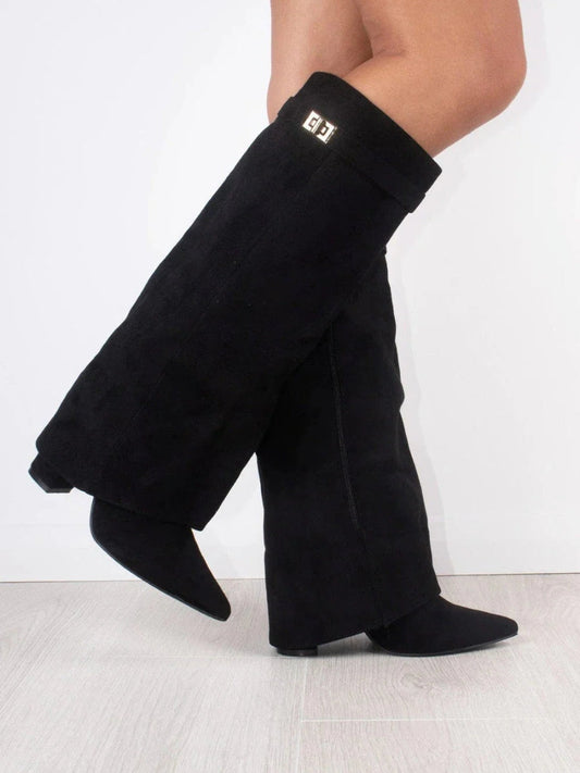 Women's Suede Boots High Shaft Black Genuine Suede Comfortable Block Heel Zipper
