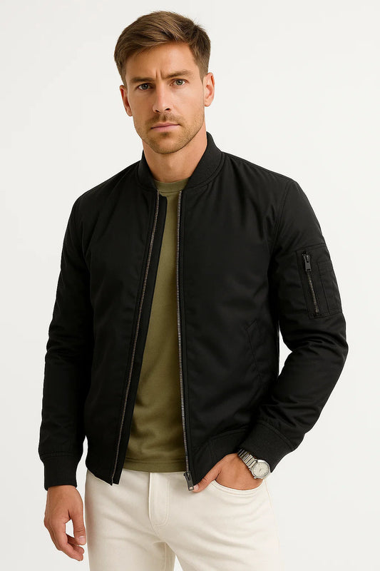 Men's Bomber Jacket Polyester Black Water-Resistant Slim Fit Casual