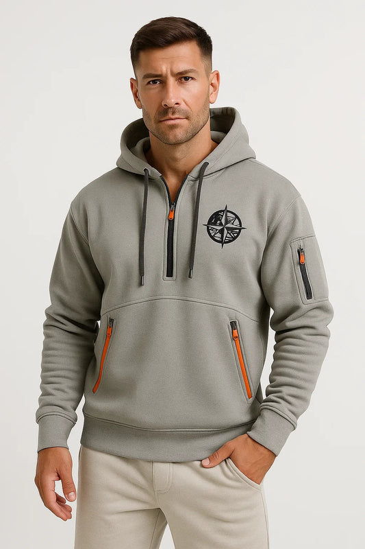 Men's Hoodie Blue Cotton Multi-Zip Embroidered Casual Sports with Zipper Pockets