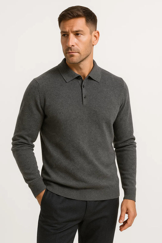 Men's Polo Sweater Merino Wool Long Sleeve Classic Knit