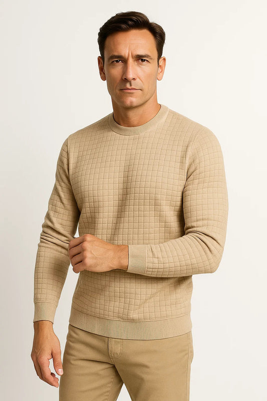 Men's Casual Shirt Cotton Blue Plaid Round Neck Semi-Formal