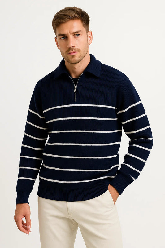 Men's Sweater Striped Lightweight Cotton Casual Quarter Zip Comfortable and Breathable