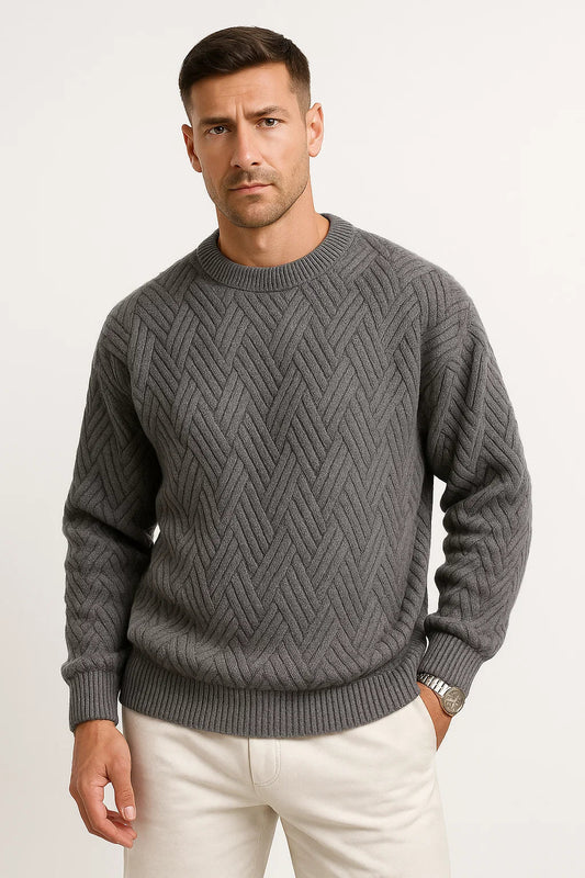 Men's Sweater Grey Knitted Pattern Soft Yarn Relaxed Fit Ribbed Round Neck