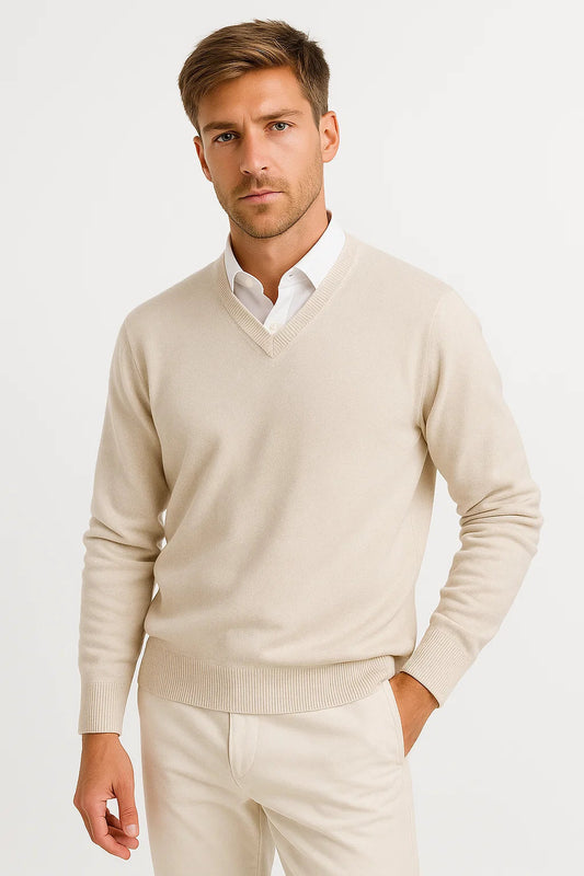 Men's Sweater Wool-Polyester Blend V-Neck Lightweight