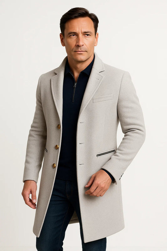 Men's Trench Coat Light Grey Tailored Mid-Length Button Front Notch Collar