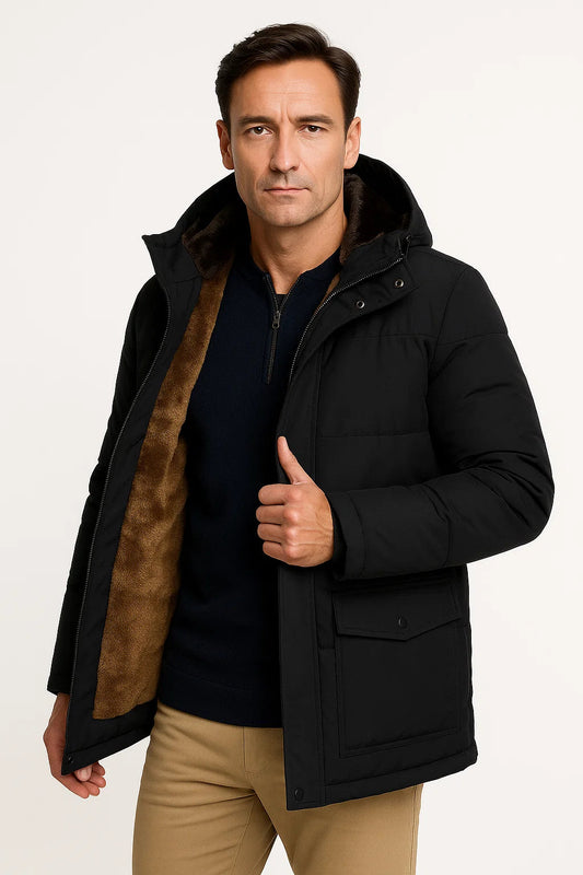 Men's Winter Jacket Black Lambswool Oversized Hooded Thick Padded Jacket