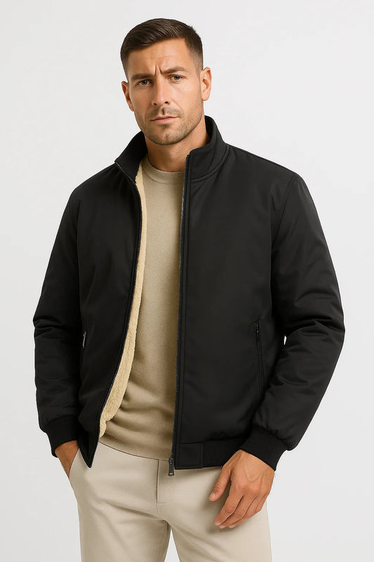 Men's Casual Fleece Jacket Polyester Zip-Up Stand Collar Bomber