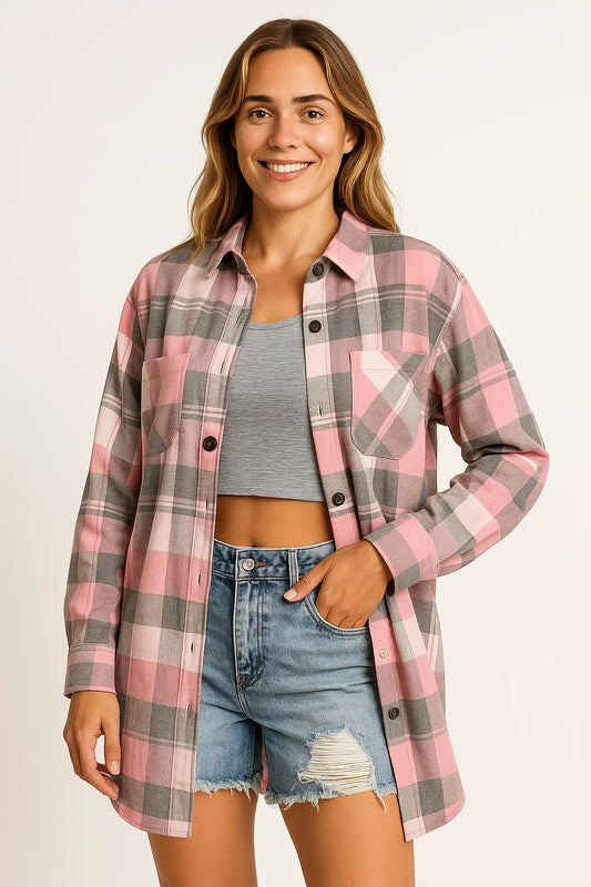 Women's Blouse Green Polyester Plaid Long Sleeve Casual Loose Fit