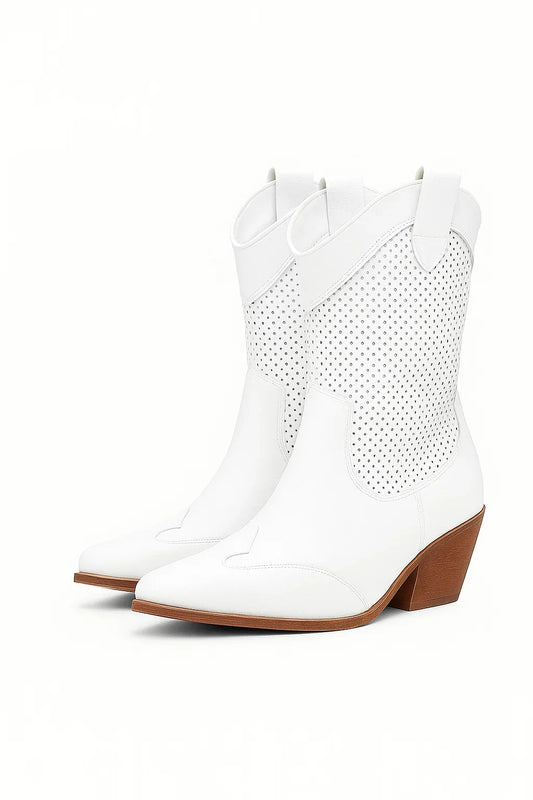 Women's Cowboy Boots White Leather Breathable With Zipper Casual Style