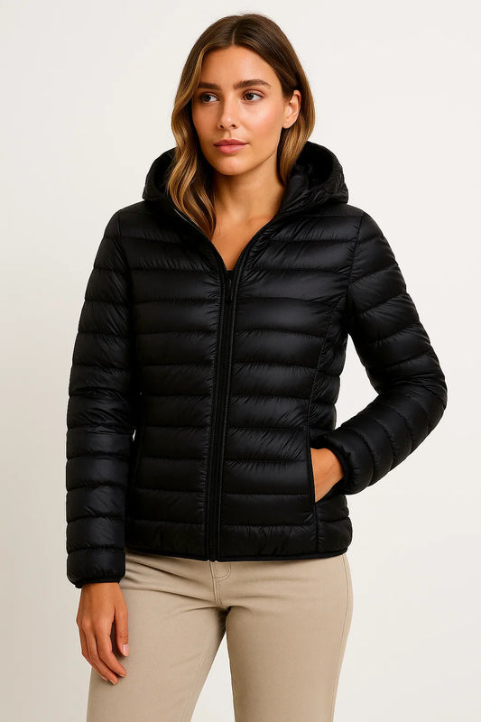 Women's Down Jacket Black Lightweight Winter Jacket With Hood Packable Casual Design