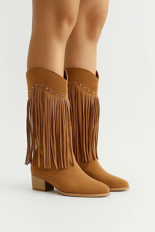 Women's Suede Boots Gray Fringe Block Heel Pointed Toe Elegant Silhouette