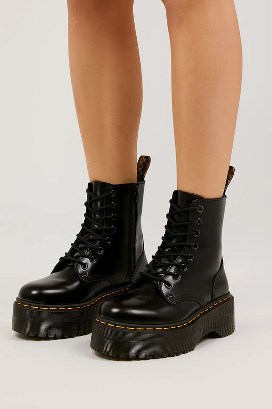 Women's Chunky Combat Boots Black Leather Look High Platform