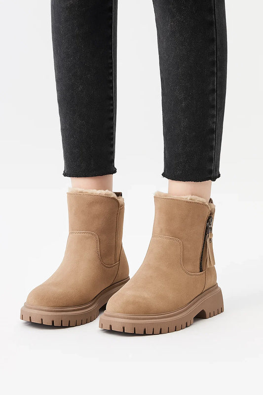 Women's Boots Beige Suede Chunky Sole Zipper Warm Interior Comfort