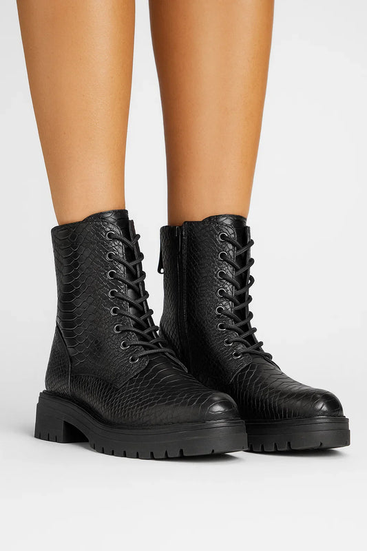 Women's Black Ankle Boots Faux Snake Skin Chunky Heel Lace-Up and Zip Closure