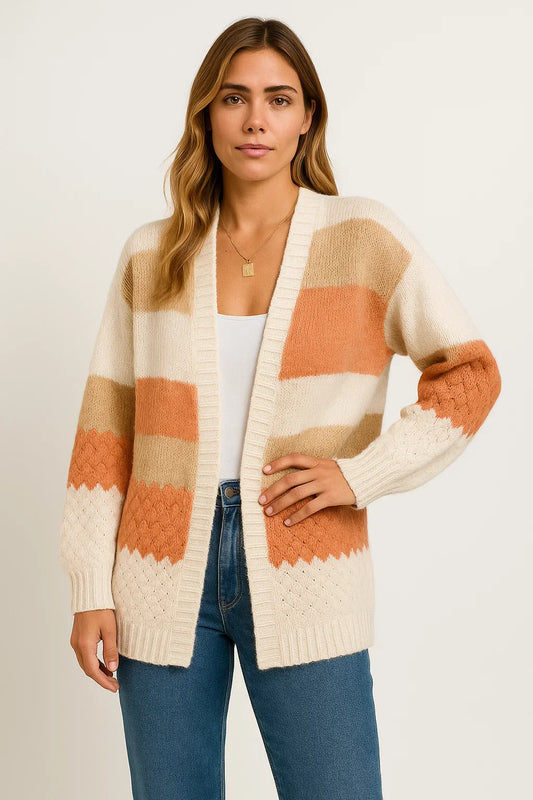 Women's Long Cardigan Striped Cozy Knit Lightweight Fall Layering