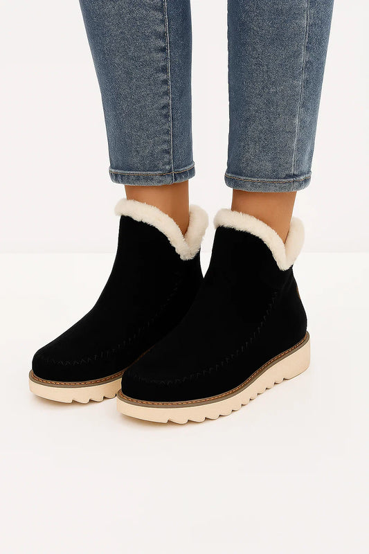 Women's Black Ankle Boots Microfiber Slip-On Flat Sole Winter-Friendly