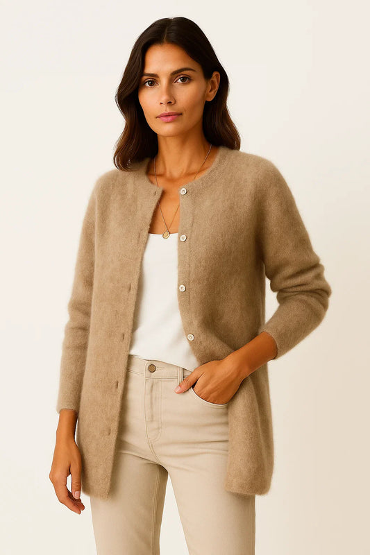 Women's Cardigan Coat Beige Knit Soft Warm Long Elegant With Pockets