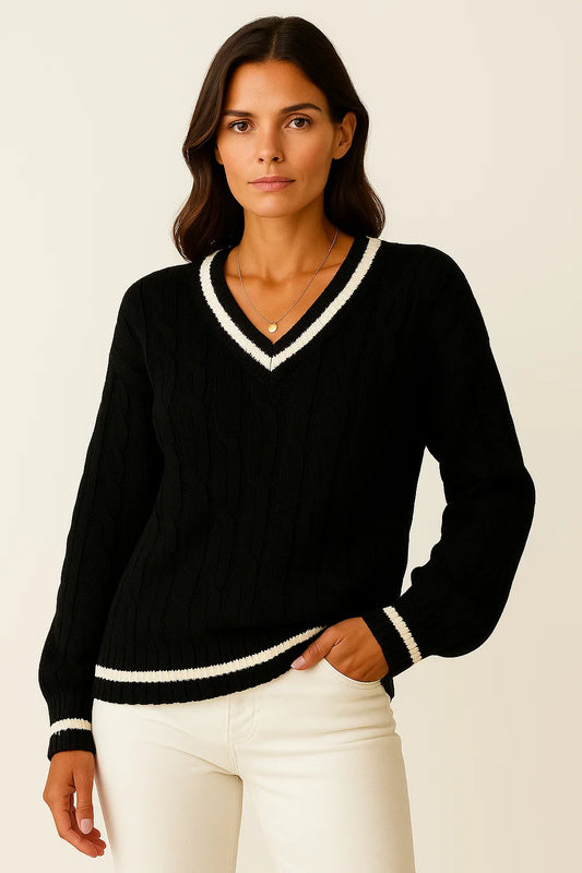 Women's Sweater Cable Knit Striped V-Neck Soft Blend Slim Fit