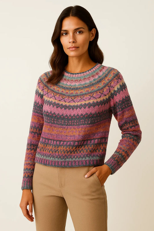 Women's Sweater Multicolor Wool Blend Round Neck Casual Fit Ethnic Pattern