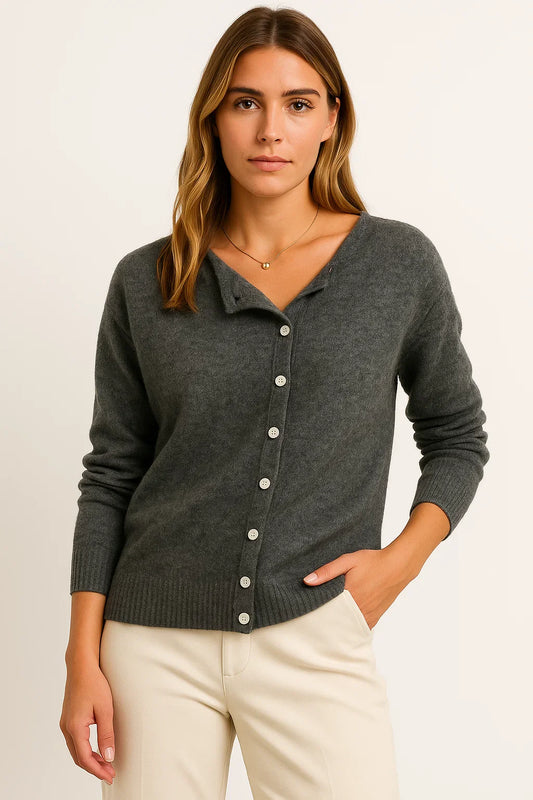 Women's Pullover Gray Cashmere Asymmetrical Button Detail Loose Fit Elegant Casual