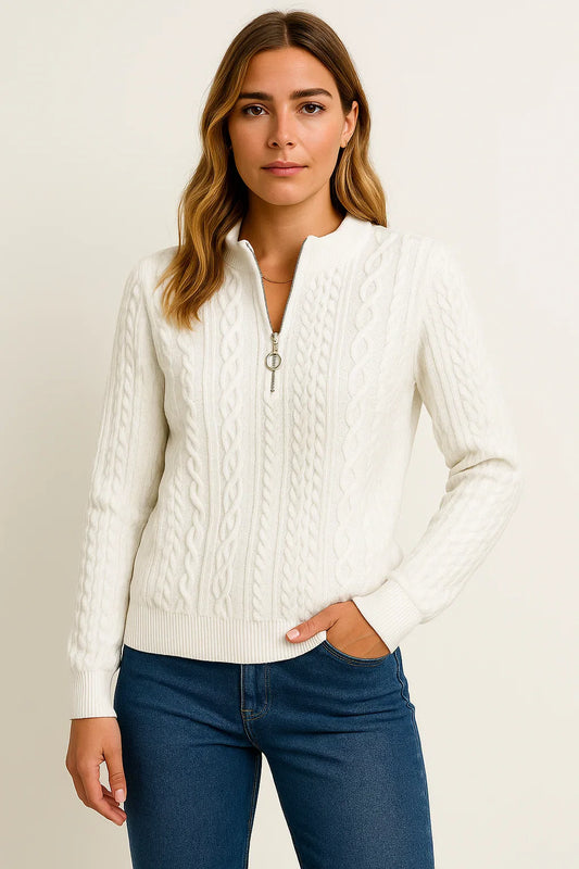 Women's Knitted Pullover Grey Half-Zip Comfortable Regular Fit Timeless Style