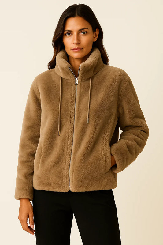 Winter Jacket Women Khaki Soft Teddy Material Casual Long Sleeves With Zipper