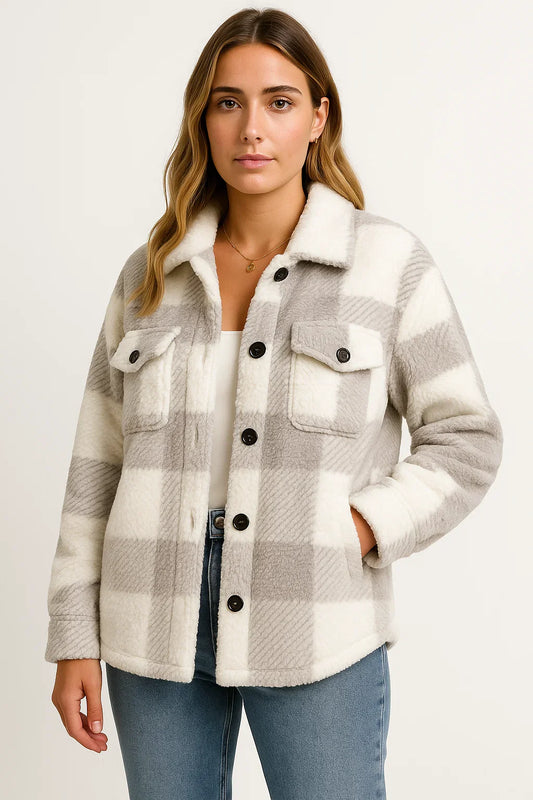 Women's Jacket Plaid Dark Blue Wool Elegant Casual