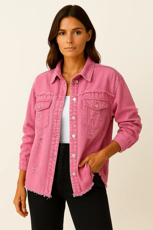 Women's Oversized Denim Jacket Casual Vintage Look with Chest Pockets