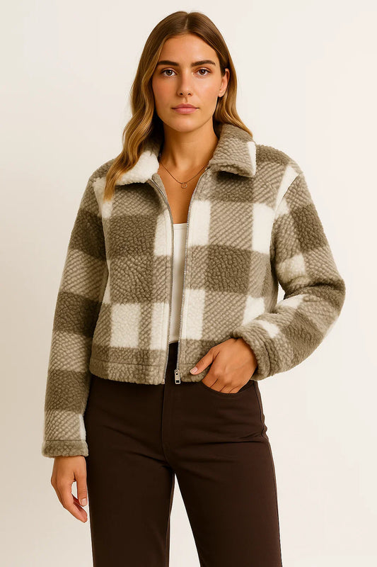 Women's Teddy Jacket Checkered Beige Soft Material Comfortable Zipper Long Sleeve Design