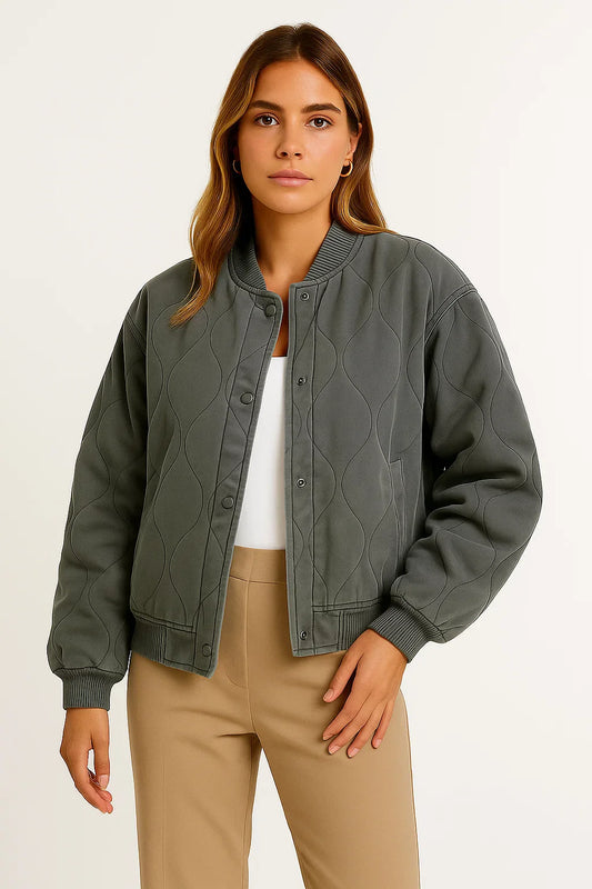 Women's Bomber Jacket Black Cotton Casual Comfortable Design With Side Pockets