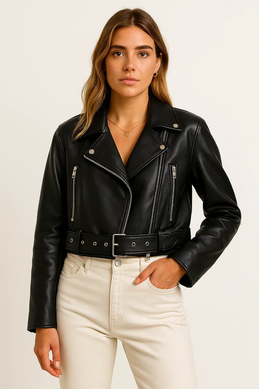 Women's Jacket Oversized Black PU Leather Retro Biker With Belt Casual Fit