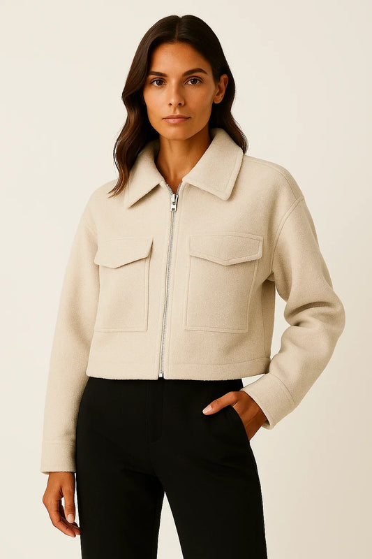 Women's Jacket Grey Vintage Long Sleeve With Pockets Zipper Elegant Collar Soft Fabric