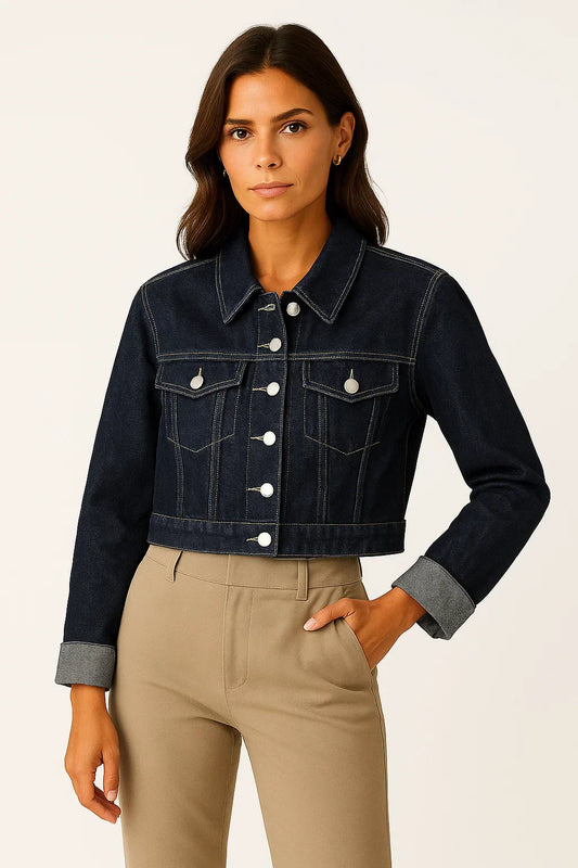 Women's Denim Jacket Blue Loose Fit Vintage With Pockets Long Sleeves Classic Collar