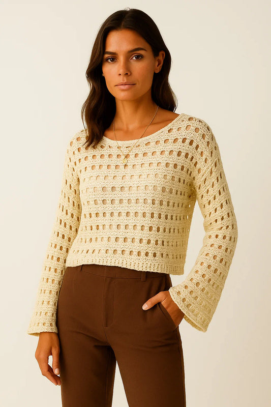 Women's Crochet Top White Wool Knit Long Sleeve Crop Pullover Beach Bikini Cover Up