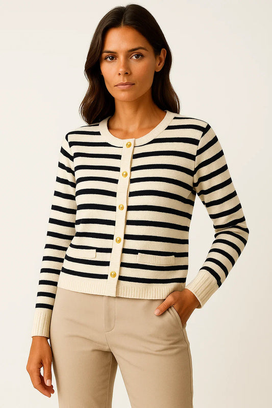 Women's Striped Cardigan White Soft Knit O-neck Long Sleeve Crop Top Casual Chic