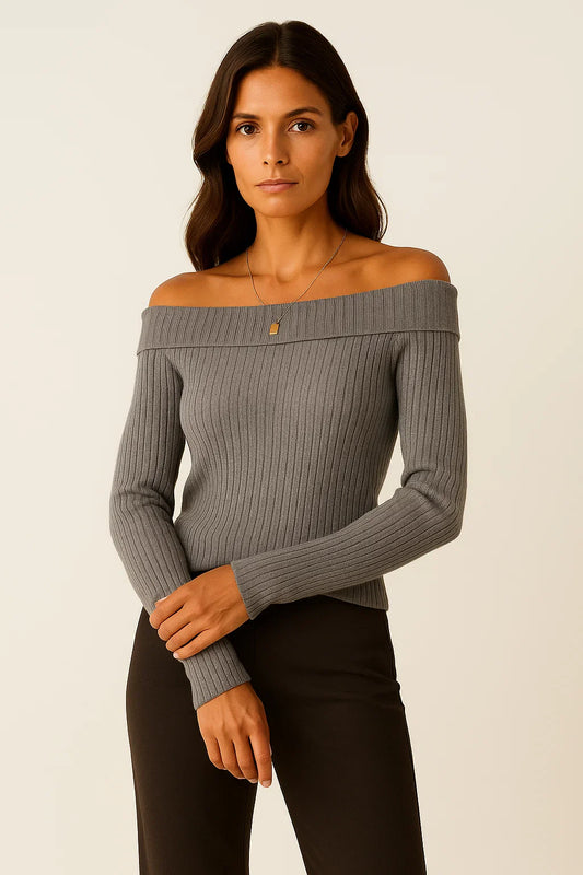 Women's Sweater Soft Knit Off-Shoulder Long Sleeve Slim Fit