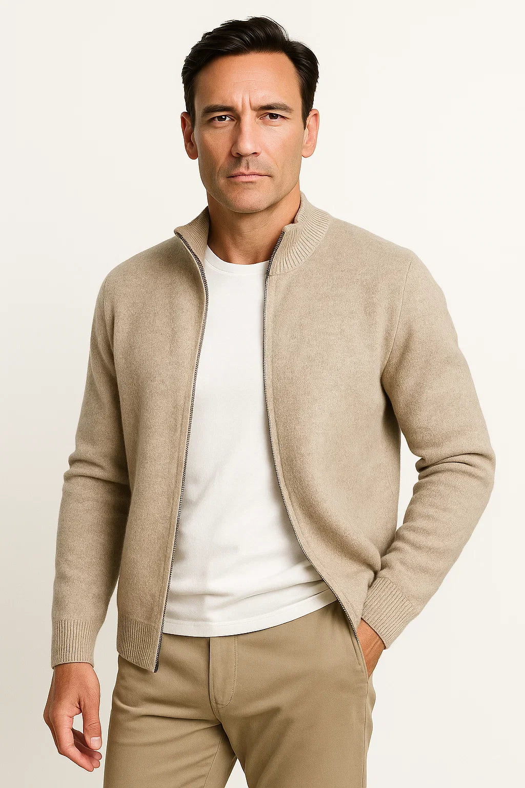 Men's Zip Up Cardigan 100% Merino Wool Thickened Mock Collar Sweater