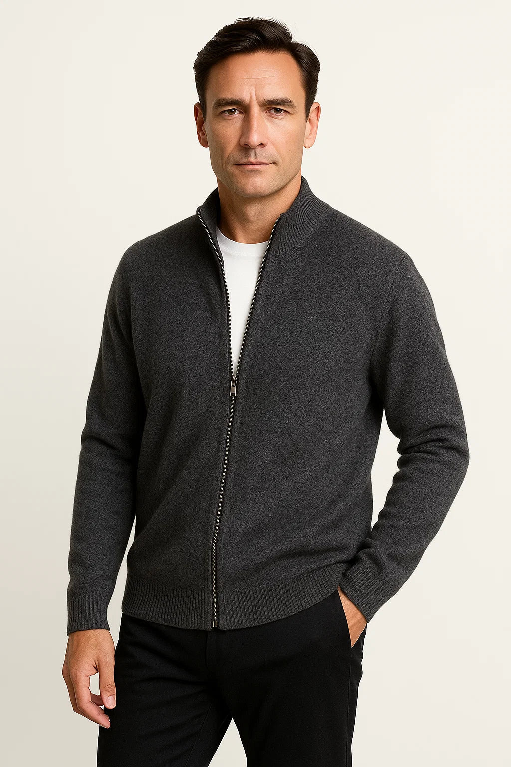Men's Zip Up Cardigan 100% Merino Wool Thickened Mock Collar Sweater