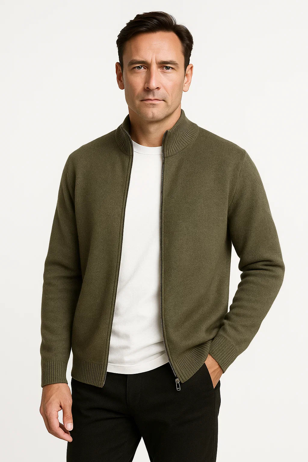 Men's Zip Up Cardigan 100% Merino Wool Thickened Mock Collar Sweater