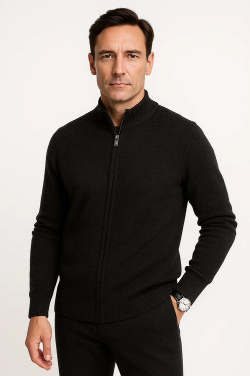 Men's Zip Up Cardigan 100% Merino Wool Thickened Mock Collar Sweater