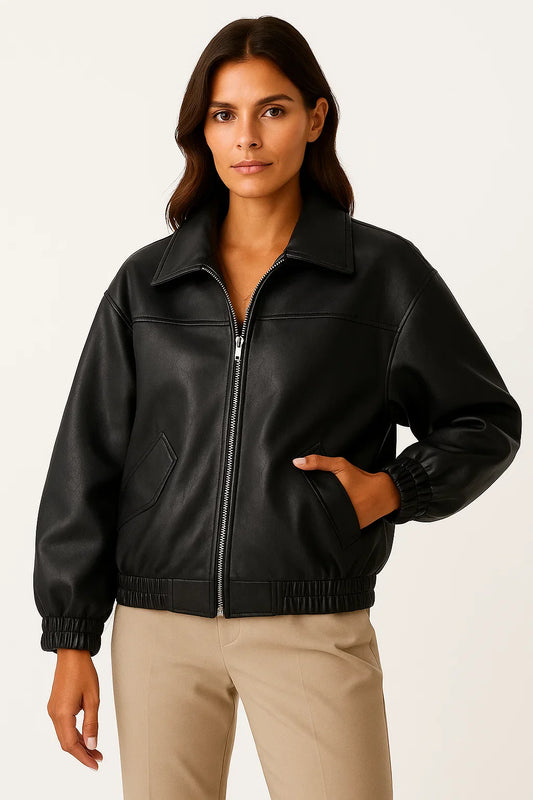 Women's Faux Leather Jacket Retro Loose Fit Short Zip Coat