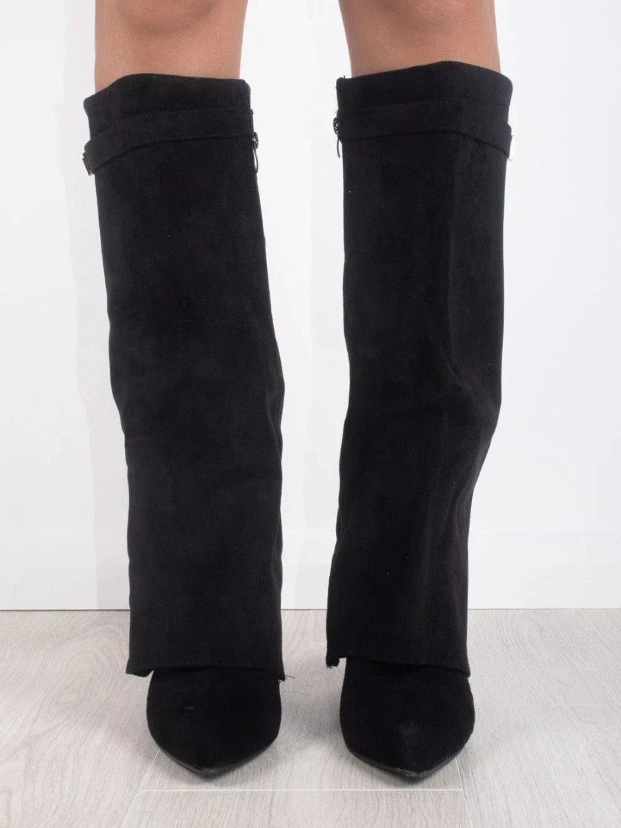 Women's Suede Boots High Shaft Black Genuine Suede Comfortable Block Heel Zipper