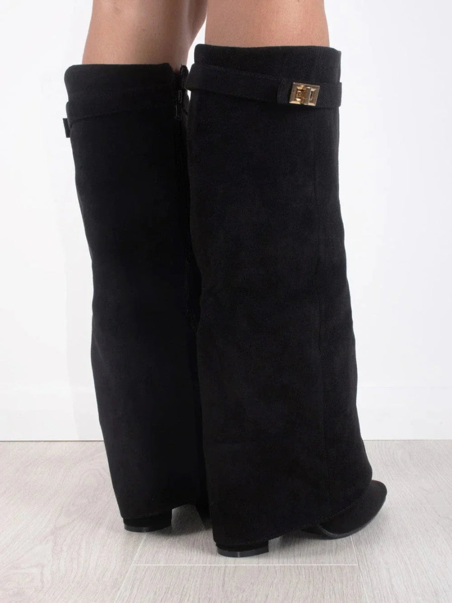 Women's Suede Boots High Shaft Black Genuine Suede Comfortable Block Heel Zipper