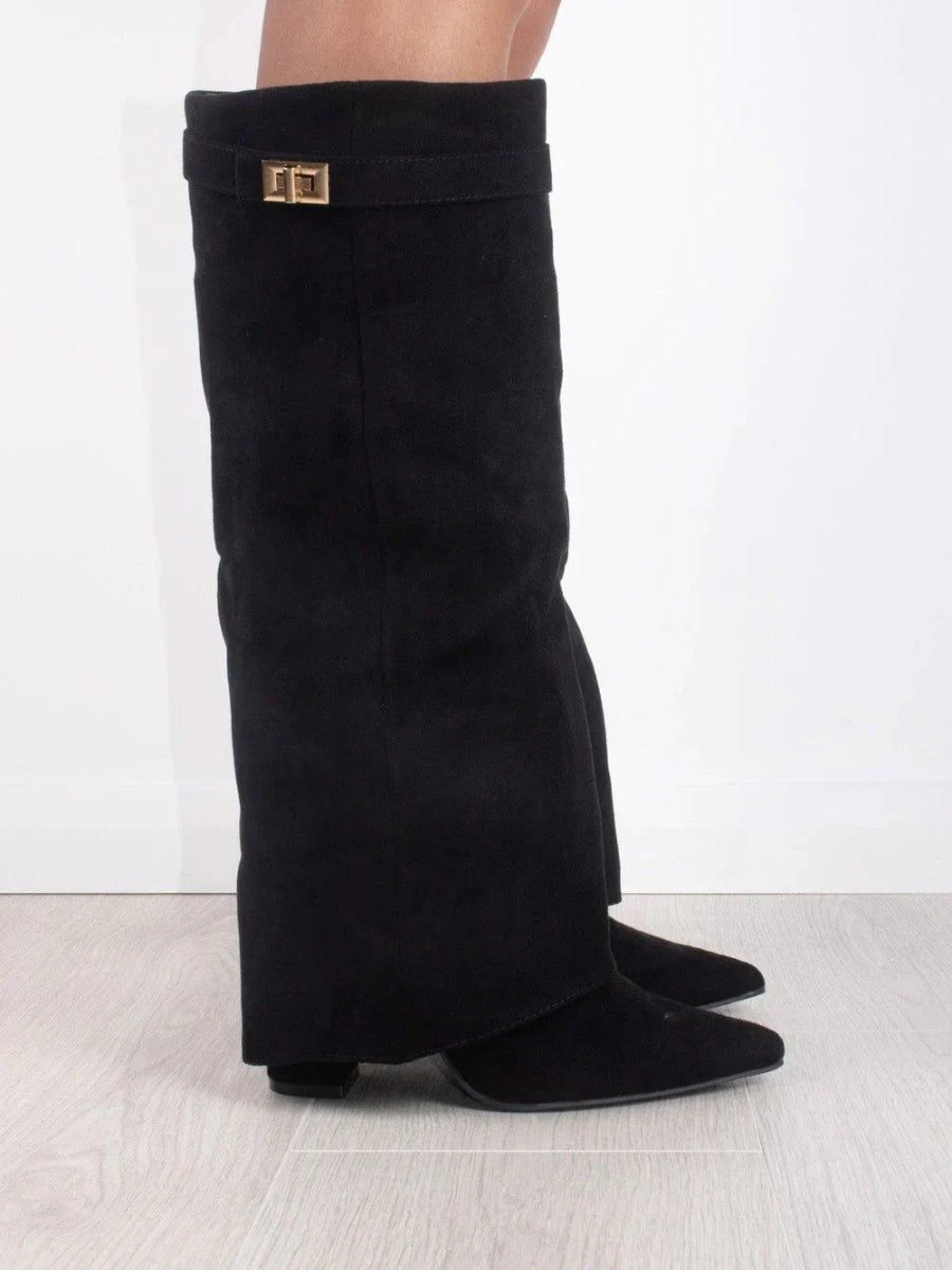 Women's Suede Boots High Shaft Black Genuine Suede Comfortable Block Heel Zipper