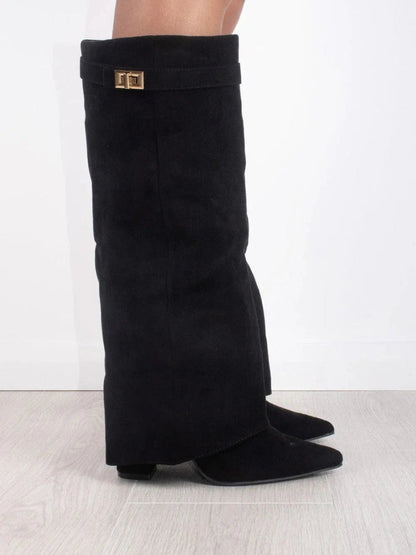 Women's Suede Boots High Shaft Black Genuine Suede Comfortable Block Heel Zipper
