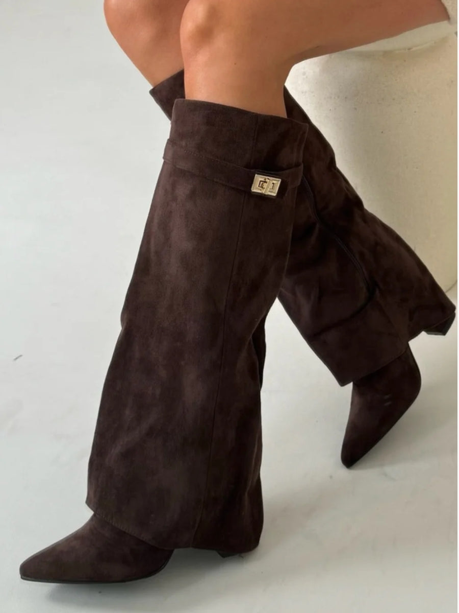 Women's Suede Boots High Shaft Black Genuine Suede Comfortable Block Heel Zipper