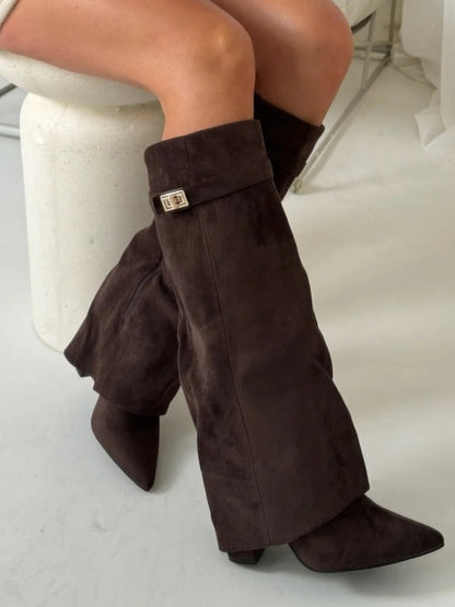 Women's Suede Boots High Shaft Black Genuine Suede Comfortable Block Heel Zipper