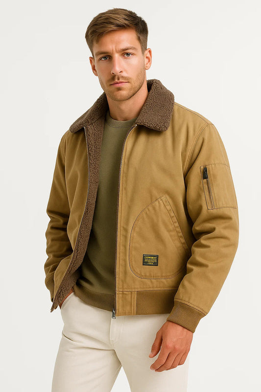 Men's Bomber Jacket Cotton Canvas Sherpa Lined Wind Resistant