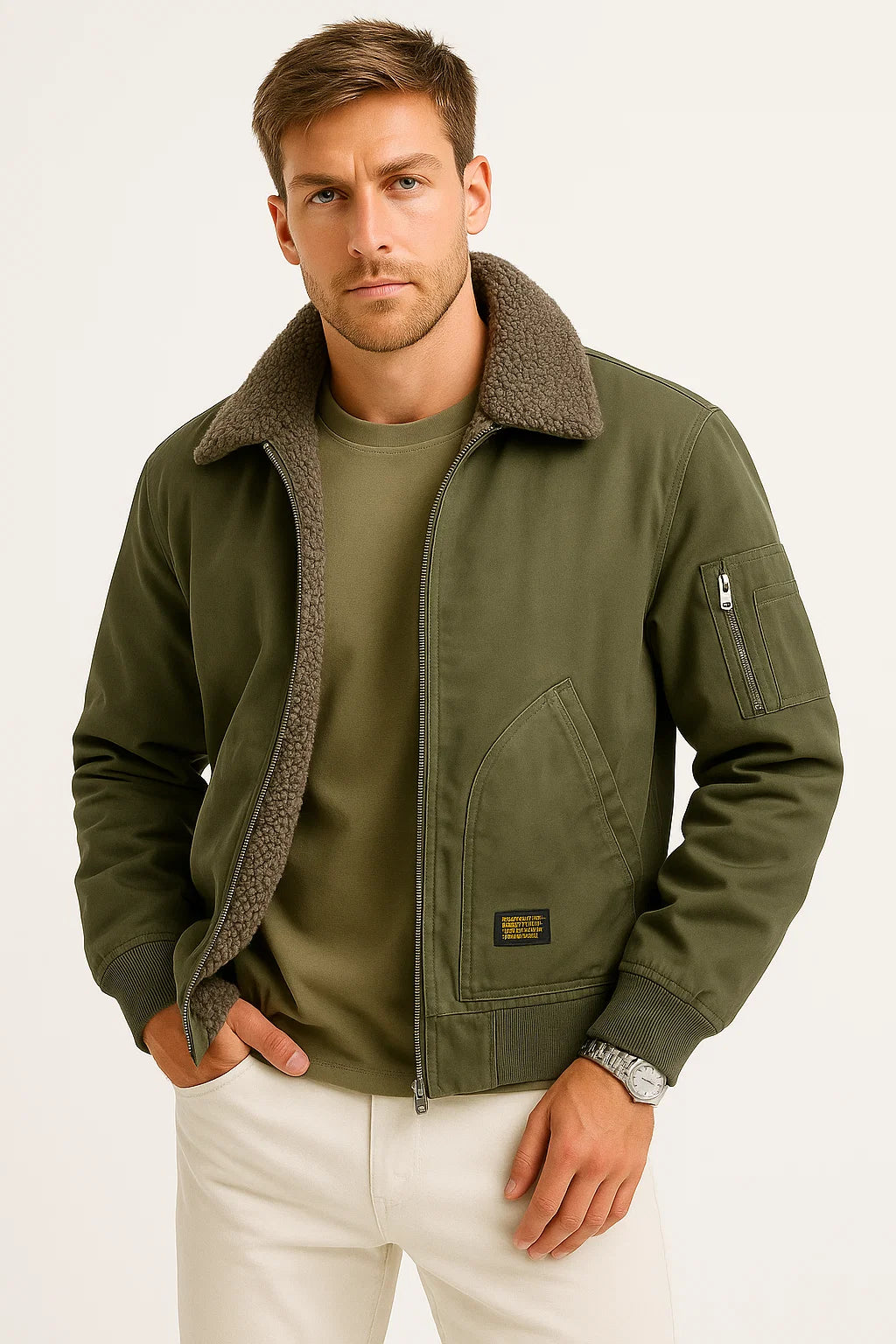 Men's Bomber Jacket Cotton Canvas Sherpa Lined Wind Resistant