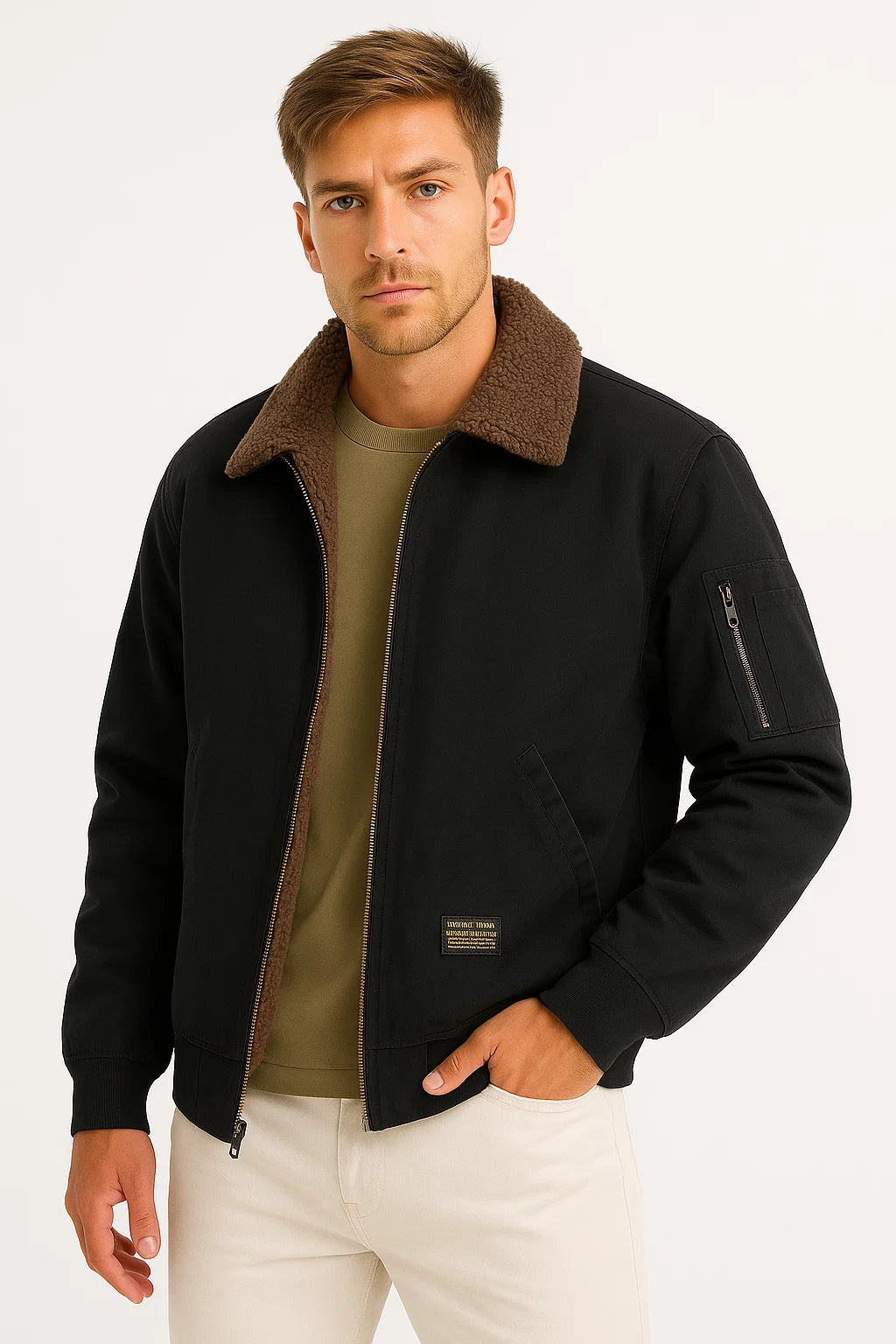 Men's Bomber Jacket Cotton Canvas Sherpa Lined Wind Resistant